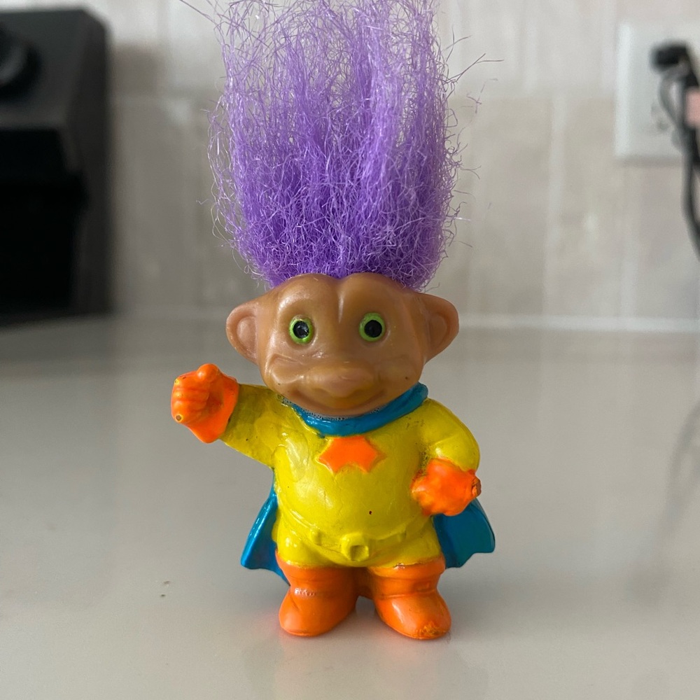 Vintage Soma Troll Doll Purple Hair Yellow Outfit Blue Cape 1992